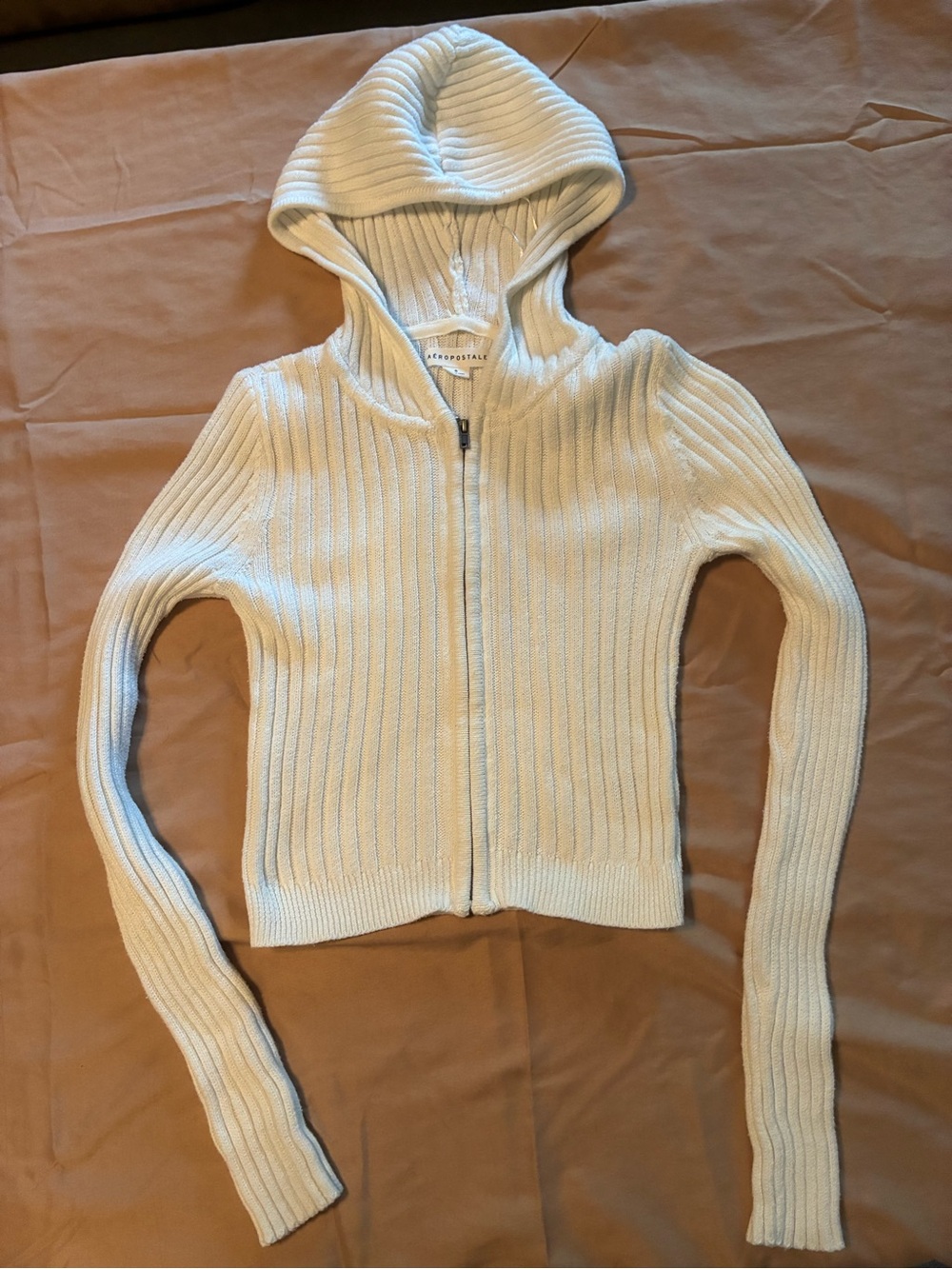 Aeropostale Off-White Ribbed Zip Hoodie Cardigan